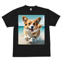 コーギー Tシャツ メンズ キッズ 犬ファン 半袖 春夏 犬柄 プリント カジュアル かわいい 人間用 個性派 ここだけのデザイン 面白 ビーチ コーギー 海 砂浜 夏