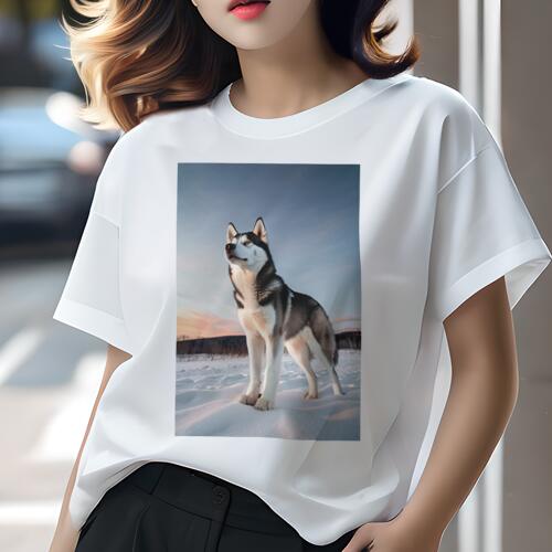 シベリアンハスキー Tシャツ レディース 犬ファン 半袖 春夏 犬柄 プリント カジュアル かわいい 人間用 個性派 ここだけのデザイン 面白 雪 シベリアンハスキー 冬 空 夕焼け