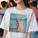 コーギー Tシャツ レディース 犬ファン 半袖 春夏 犬柄 プリント カジュアル かわいい 人間用 個性派 ここだけのデザイン 面白 ビーチ コーギー 海 夏 休暇