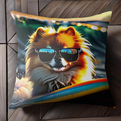 サングラス ポメラニアン サーフィン 海 波 クッションカバー 45×45cm アニマル柄 おしゃれ 可愛い クッション本体付き 正方形 犬ファン