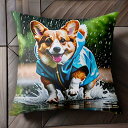 雨 コーギー レインコート 水たまり クッションカバー 45×45cm アニマル柄 おしゃれ 可愛い クッション本体付き 正方形 犬ファン