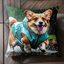 雨 コーギー レインコート クッションカバー 45×45cm アニマル柄 おしゃれ 可愛い クッション本体付き 正方形 犬ファン