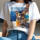 コーギー Tシャツ レディース 犬ファン 半袖 春夏 犬柄 プリント カジュアル かわいい 人間用 個性派 ここだけのデザイン 面白 海 コーギー ジュース 夏 リゾート