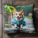 雨 コーギー 水たまり レインコート クッションカバー 45×45cm アニマル柄 おしゃれ 可愛い クッション本体付き 正方形 犬ファン