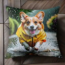雨 コーギー レインコート 水たまり 水しぶき クッションカバー 45×45cm アニマル柄 おしゃれ 可愛い クッション本体付き 正方形 犬ファン