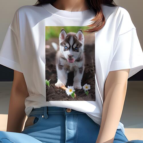 シベリアンハスキー Tシャツ レディース 犬ファン 半袖 春夏 犬柄 プリント カジュアル かわいい 人間用 個性派 ここだけのデザイン 面白 花 シベリアンハスキー 庭 土