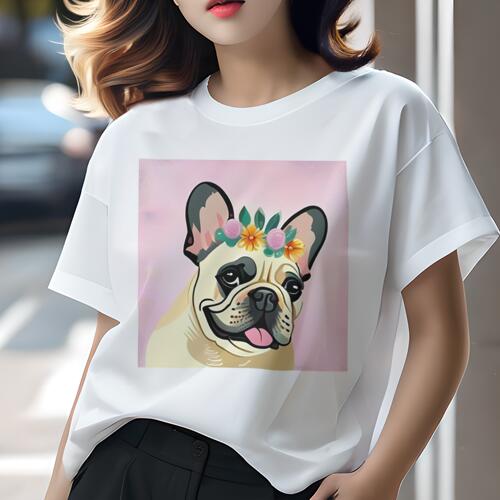 フレンチブルドッグ Tシャツ レディース 犬ファン 半袖 春夏 犬柄 プリント カジュアル かわいい 人間用 個性派 ここだけのデザイン 面白 花 フレンチブルドッグ 花飾り