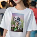 ダルメシアン Tシャツ レディース 犬ファン 半袖 春夏 犬柄 プリント カジュアル かわいい 人間用 個性派 ここだけのデザイン 面白 花 ダルメシアン 庭 ...