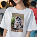 シベリアンハスキー Tシャツ レディース 犬ファン 半袖 春夏 犬柄 プリント カジュアル かわいい 人間用 個性派 ここだけのデザイン 面白 花 シベリアンハスキー 庭 土