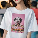 ダルメシアン Tシャツ レディース 犬ファン 半袖 春夏 犬柄 プリント カジュアル かわいい 人間用 個性派 ここだけのデザイン 面白 ドーナツ ダルメシアン スプリンクル ピンク