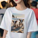 コーギー Tシャツ レディース 犬ファン 半袖 春夏 犬柄 プリント カジュアル かわいい 人間用 個性派 ここだけのデザイン 面白 ビーチ コーギー 海 砂 貝殻