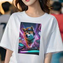 柴犬 Tシャツ レディース 犬ファン 半袖 春夏 犬柄 プリント カジュアル かわいい 人間用 個性派 ここだけのデザイン 面白 DJ 柴犬 ヘッドホン 音楽 ネオン