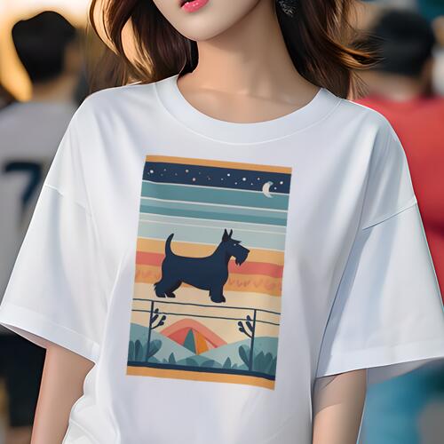スコティッシュテリア Tシャツ レディース 犬ファン 半袖 春夏 犬柄 プリント カジュアル かわいい 人間用 個性派 ここだけのデザイン 面白 月 スコティッシュテリア 星 風景 線