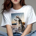 シベリアンハスキー Tシャツ レディース 犬ファン 半袖 春夏 犬柄 プリント カジュアル かわいい 人間用 個性派 ここだけのデザイン 面白 雪 シベリアンハスキー 冬 夕焼け 風景