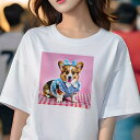 コーギー Tシャツ レディース 犬ファン 半袖 春夏 犬柄 プリント カジュアル かわいい 人間用 個性派 ここだけのデザイン 面白 リボン コーギー ギンガムチェック ワンピース