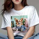 コーギー Tシャツ レディース 犬ファン 半袖 春夏 犬柄 プリント カジュアル かわいい 人間用 個性派 ここだけのデザイン 面白 ワンピース コーギー ギンガムチェック ベッド