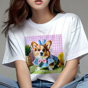コーギー Tシャツ レディース 犬ファン 半袖 春夏 犬柄 プリント カジュアル かわいい 人間用 個性派 ここだけのデザイン 面白 イースター コーギー バニー チェック柄 リボン
