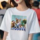コーギー Tシャツ レディース 犬ファン 半袖 春夏 犬柄 プリント カジュアル かわいい 人間用 個性派 ここだけのデザイン 面白 イースター コーギー 卵 花 チューリップ