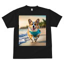 コーギー Tシャツ メンズ キッズ 犬ファン 半袖 春夏 犬柄 プリント カジュアル かわいい 人間用 個性派 ここだけのデザイン 面白 ビーチ コーギー 海 海岸 夏