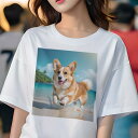 コーギー Tシャツ レディース 犬ファン 半袖 春夏 犬柄 プリント カジュアル かわいい 人間用 個性派 ここだけのデザイン 面白 ビーチ コーギー 海 夏 休暇