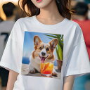 コーギー Tシャツ レディース 犬ファン 半袖 春夏 犬柄 プリント カジュアル かわいい 人間用 個性派 ここだけのデザイン 面白 飲み物 コーギー ビーチ 夏 休暇