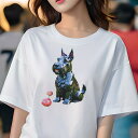 スコティッシュテリア Tシャツ レディース 犬ファン 半袖 春夏 犬柄 プリント カジュアル かわいい 人間用 個性派 ここだけのデザイン 面白 花 スコティッシュテリア チューリップ