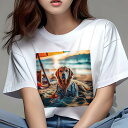 ゴールデンレトリバー Tシャツ レディース 犬ファン 半袖 春夏 犬柄 プリント カジュアル かわいい 人間用 個性派 ここだけのデザイン 面白 ビーチ ゴールデンレトリバー 夕日 海 休暇