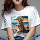 ゴールデンレトリバー Tシャツ レディース 犬ファン 半袖 春夏 犬柄 プリント カジュアル かわいい 人間用 個性派 ここだけのデザイン 面白 ビーチ ゴールデンレトリバー 傘 海 夏