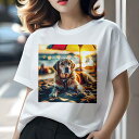 ゴールデンレトリバー Tシャツ レディース 犬ファン 半袖 春夏 犬柄 プリント カジュアル かわいい 人間用 個性派 ここだけのデザイン 面白 ビーチ ゴールデンレトリバー 海 太陽 傘