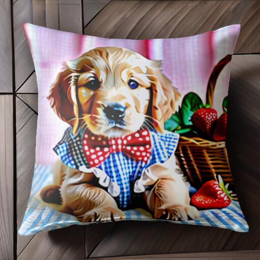 イチゴ ゴールデンレトリバー バスケット 蝶ネクタイ チェック柄 クッションカバー 45×45cm アニマル柄 おしゃれ 可愛い クッション本体付き 正方形 犬ファン