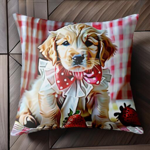 イチゴ ゴールデンレトリバー ギンガムチェック リボン クッションカバー 45×45cm アニマル柄 おしゃれ 可愛い クッション本体付き 正方形 犬ファン