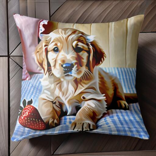 イチゴ ゴールデンレトリバー クッション チェック柄 クッションカバー 45×45cm アニマル柄 おしゃれ 可愛い クッション本体付き 正方形 犬ファン