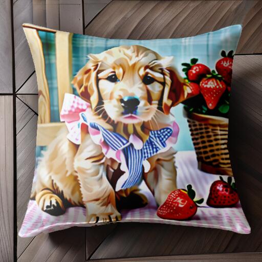 イチゴ ゴールデンレトリバー バスケット リボン クッションカバー 45×45cm アニマル柄 おしゃれ 可愛い クッション本体付き 正方形 犬ファン