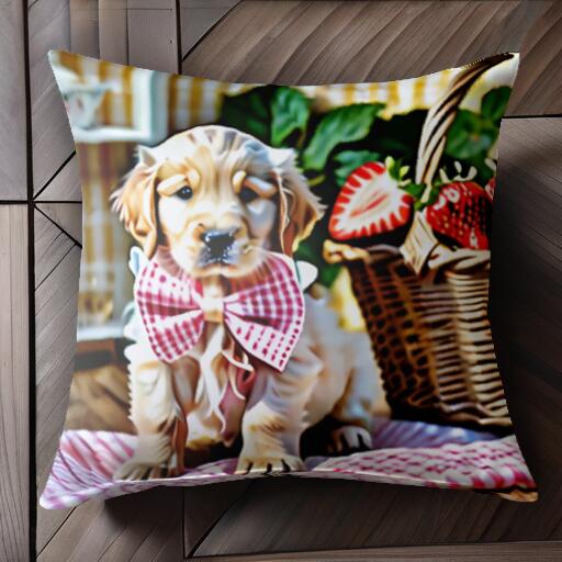 イチゴ ゴールデンレトリバー バスケット ギンガムチェック クッションカバー 45×45cm アニマル柄 おしゃれ 可愛い クッション本体付き 正方形 犬ファン