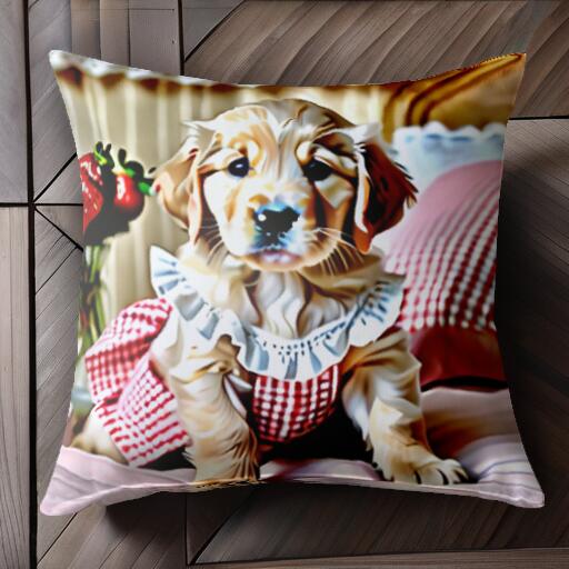 イチゴ ゴールデンレトリバー ワンピース ベッド クッションカバー 45×45cm アニマル柄 おしゃれ 可愛い クッション本体付き 正方形 犬ファン