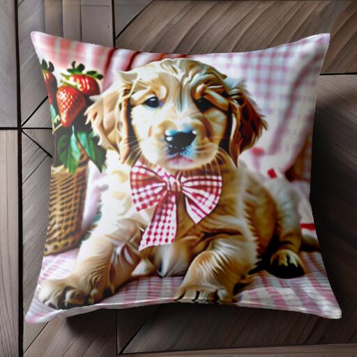 イチゴ ゴールデンレトリバー バスケット チェック柄 リボン クッションカバー 45×45cm アニマル柄 おしゃれ 可愛い クッション本体付き 正方形 犬ファン