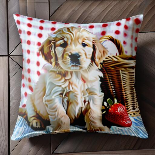 ピクニック ゴールデンレトリバー いちご バスケット チェック柄 クッションカバー 45×45cm アニマル柄 おしゃれ 可愛い クッション本体付き 正方形 犬ファン