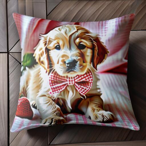 イチゴ ゴールデンレトリバー リボン チェック柄 クッションカバー 45×45cm アニマル柄 おしゃれ 可愛い クッション本体付き 正方形 犬ファン