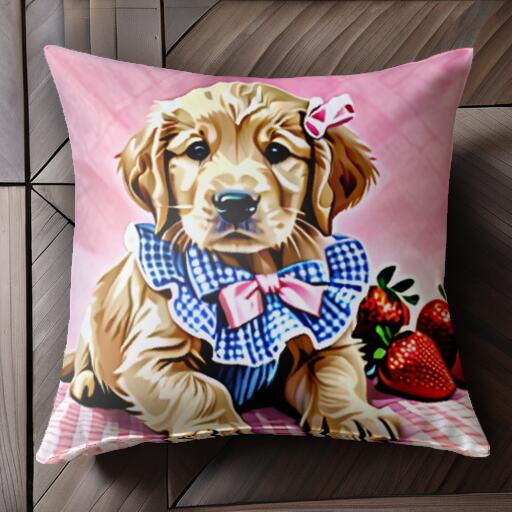 イチゴ ゴールデンレトリバー リボン チェック柄 クッションカバー 45×45cm アニマル柄 おしゃれ 可愛い クッション本体付き 正方形 犬ファン
