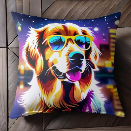 サングラス ゴールデンレトリバー 夜景 星空 クッションカバー 45×45cm アニマル柄 おしゃれ 可愛い クッション本体付き 正方形 犬ファン