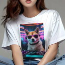 柴犬 Tシャツ レディース 犬ファン 半袖 春夏 犬柄 プリント カジュアル かわいい 人間用 個性派 ここだけのデザイン 面白 ヘッドホン 柴犬 サングラス DJ機器 ネオン