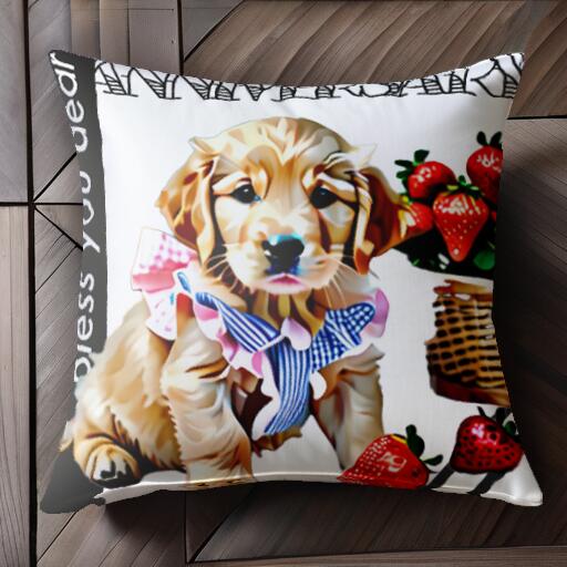 イチゴ ゴールデンレトリバー バスケット クッションカバー 45×45cm アニマル柄 おしゃれ 可愛い クッション本体付き 正方形 犬ファン