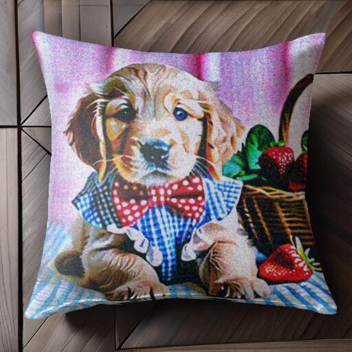 イチゴ コッカースパニエル バスケット 蝶ネクタイ チェック柄 クッションカバー 45×45cm アニマル柄 おしゃれ 可愛い クッション本体付き 正方形 犬ファン
