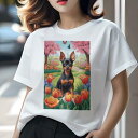 ミニチュアピンシャー Tシャツ レディース 犬ファン 半袖 春夏 犬柄 プリント カジュアル かわいい 人間用 個性派 ここだけのデザイン 面白 チューリップ ミニチュアピンシャー 春 花 公園