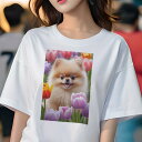 ポメラニアン Tシャツ レディース 犬ファン 半袖 春夏 犬柄 プリント カジュアル かわいい 人間用 個性派 ここだけのデザイン 面白 チューリップ ポメラニアン 花