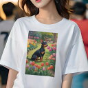 ミニチュアピンシャー Tシャツ レディース 犬ファン 半袖 春夏 犬柄 プリント カジュアル かわいい 人間用 個性派 ここだけのデザイン 面白 チューリップ ミニチュアピンシャー 庭 花