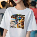 ゴールデンレトリバー Tシャツ レディース 犬ファン 半袖 春夏 犬柄 プリント カジュアル かわいい 人間用 個性派 ここだけのデザイン 面白 サングラス ゴールデンレトリバー ビーチ 海 傘