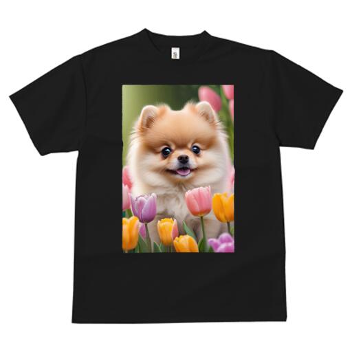 ポメラニアン Tシャツ メンズ キッズ 犬ファン 半袖 春夏 犬柄 プリント カジュアル かわいい 人間用 個性派 ここだけのデザイン 面白 チューリップ ポメラニアン 花