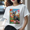 ミニチュアピンシャー Tシャツ レディース 犬ファン 半袖 春夏 犬柄 プリント カジュアル かわいい 人間用 個性派 ここだけのデザイン 面白 チューリップ ミニチュアピンシャー 蝶