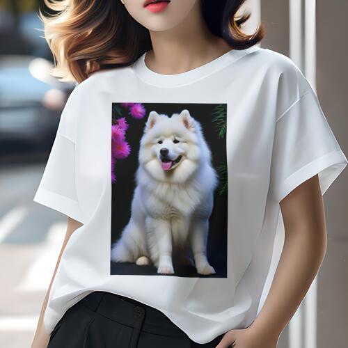 サモエド Tシャツ レディース 犬ファン 半袖 春夏 犬柄 プリント カジュアル かわいい 人間用 個性派 ここだけのデザイン 面白 花 サモエド
